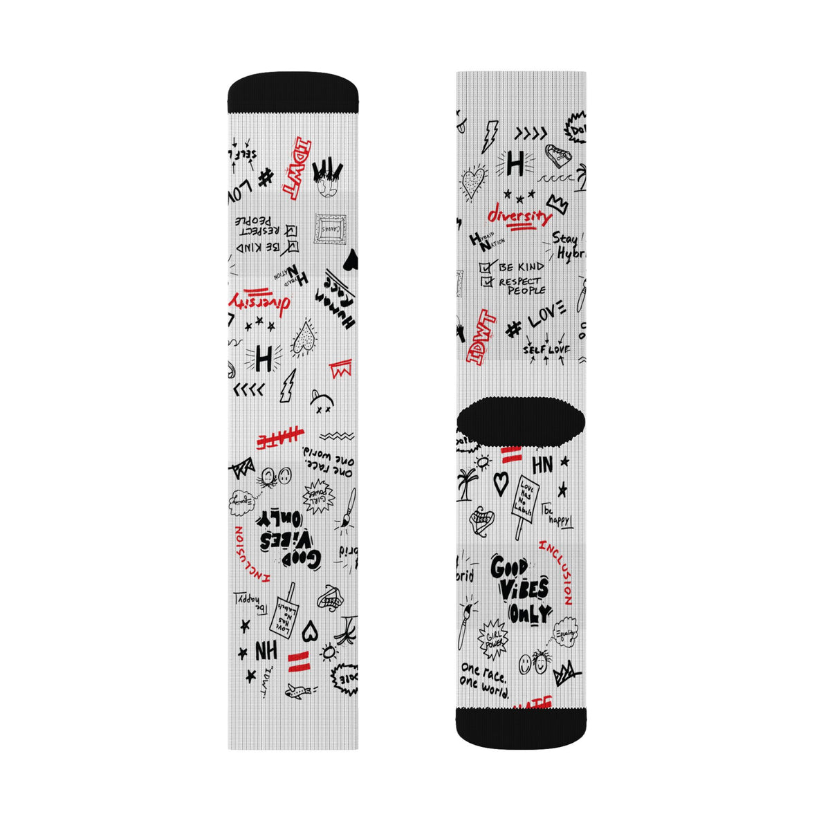 Graffiti Doodle Socks — White Sublimation Crew Socks with Handwritten Love & Icons