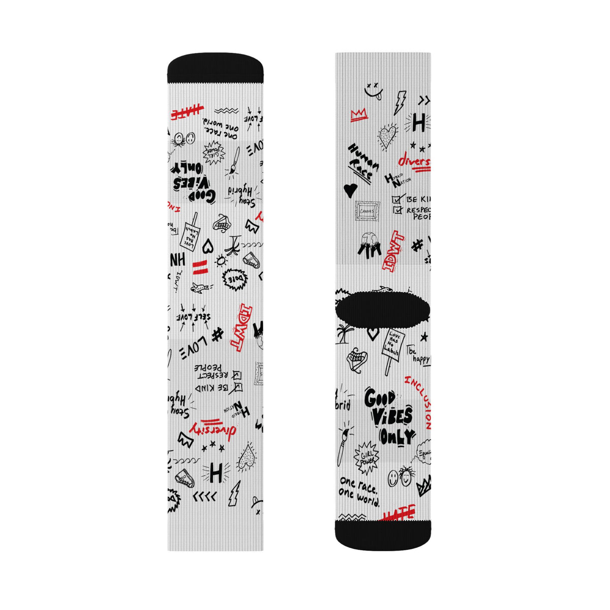 Graffiti Doodle Socks — White Sublimation Crew Socks with Handwritten Love & Icons