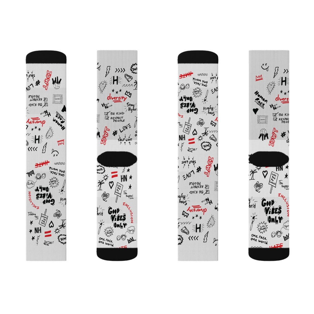 Graffiti Doodle Socks — White Sublimation Crew Socks with Handwritten Love & Icons