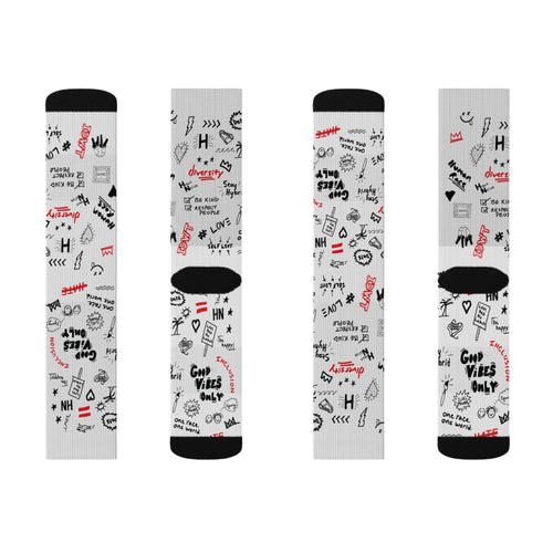 Graffiti Doodle Socks — White Sublimation Crew Socks with Handwritten Love & Icons