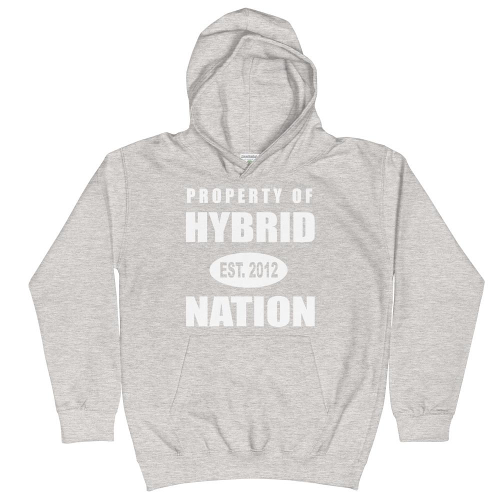 HYBRID NATION KIDS 'PROPERTY OF' HOODIE Kids Sweatshirt Printful Heather Grey XS 
