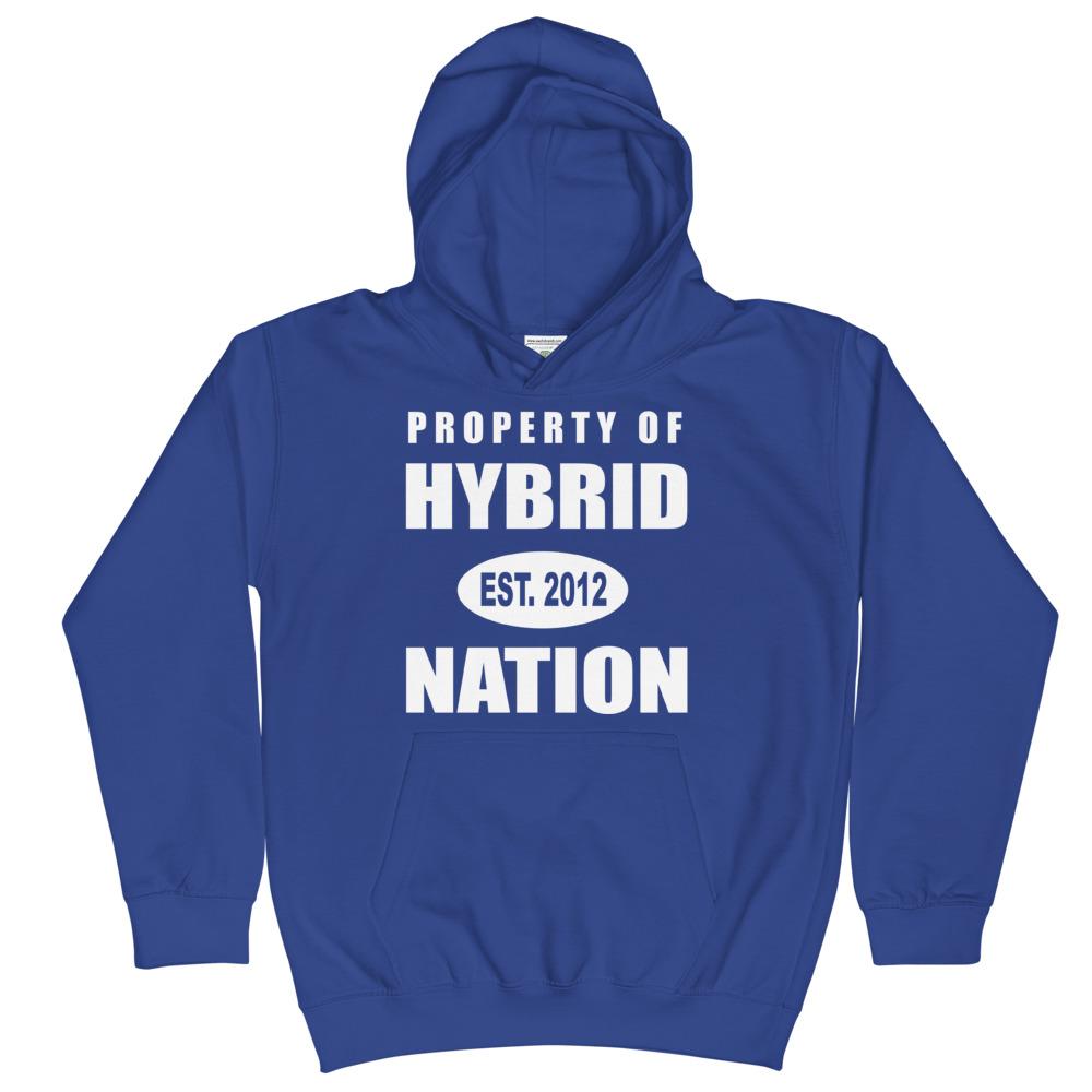 HYBRID NATION KIDS 'PROPERTY OF' HOODIE Kids Sweatshirt Printful Royal Blue XS 